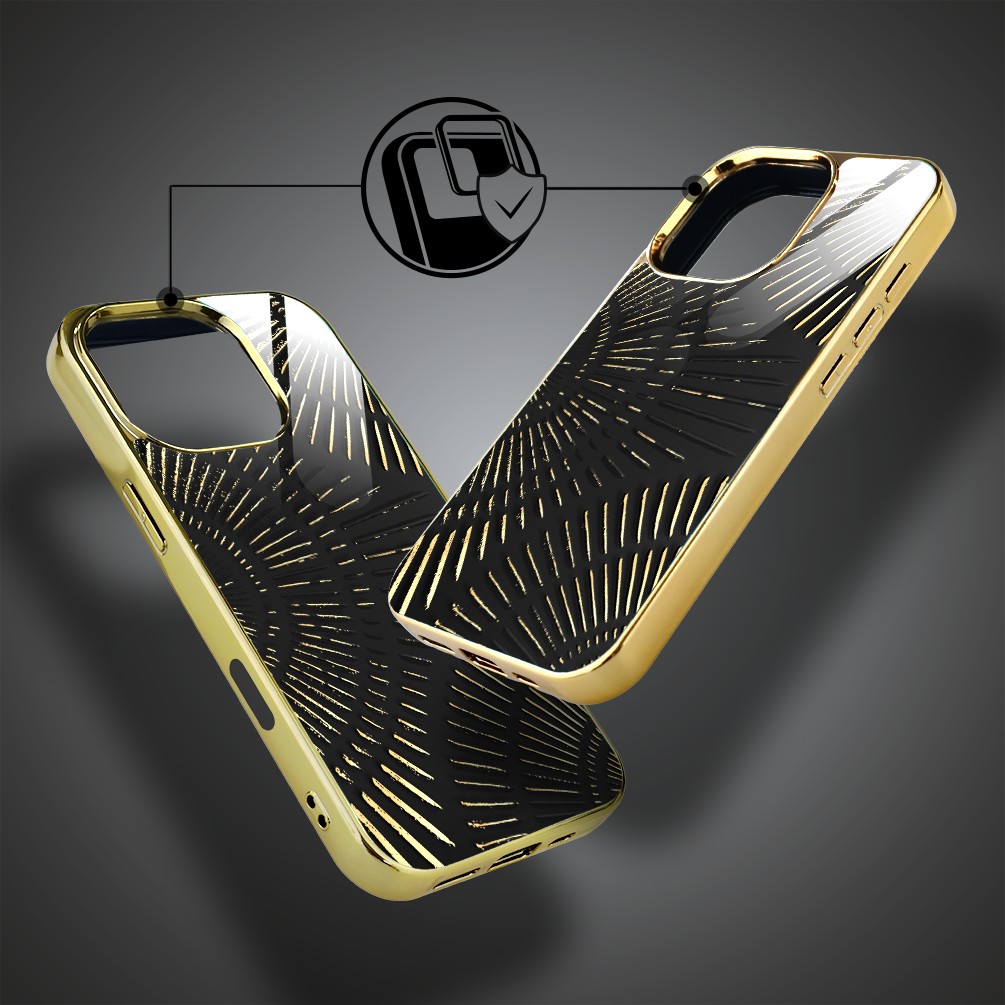 Etui do iPhone 16 Pro Max, Elite Glass z MagSafe, szklany tył, Mistyczne wzory, Boski promień czarne, złote (2)