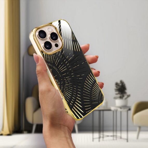 Etui do iPhone 16 Pro Max, Elite Glass z MagSafe, szklany tył, Mistyczne wzory, Boski promień czarne, złote (3)