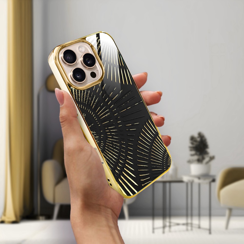 Etui do iPhone 16 Pro Max, Elite Glass z MagSafe, szklany tył, Mistyczne wzory, Boski promień czarne, złote (3)