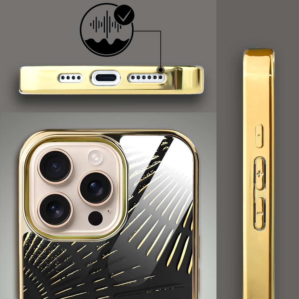 Etui do iPhone 16 Pro Max, Elite Glass z MagSafe, szklany tył, Mistyczne wzory, Boski promień czarne, złote (4)
