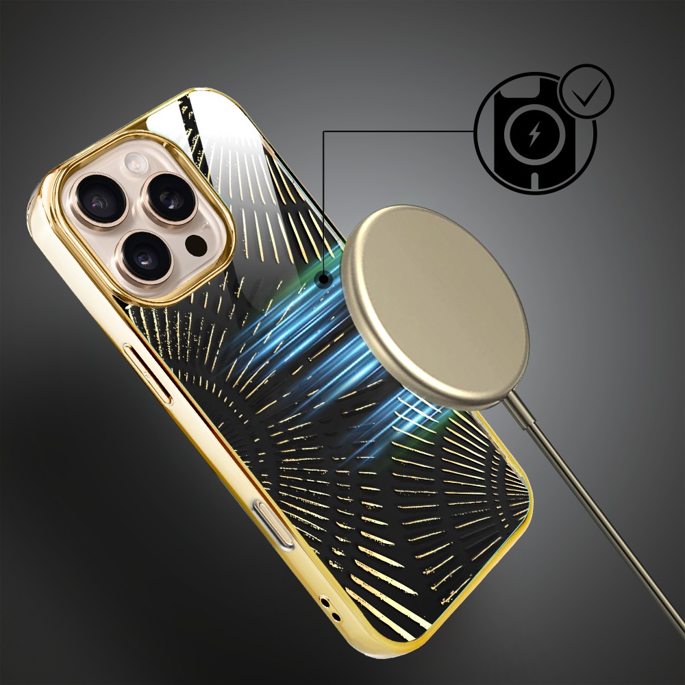 Etui do iPhone 16 Pro Max, Elite Glass z MagSafe, szklany tył, Mistyczne wzory, Boski promień czarne, złote (6)