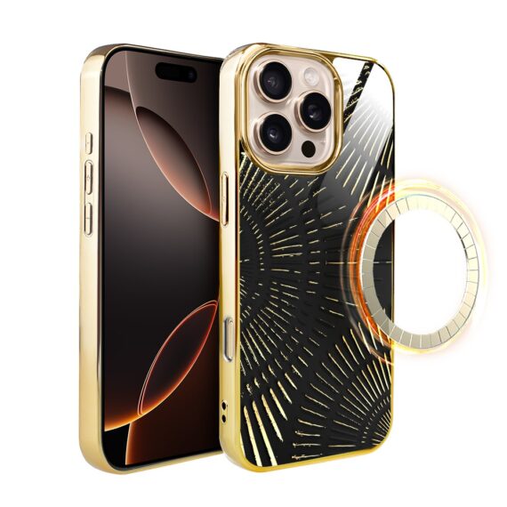 Etui do iPhone 16 Pro Max, Elite Glass z MagSafe, szklany tył, Mistyczne wzory, Boski promień czarne, złote (8)