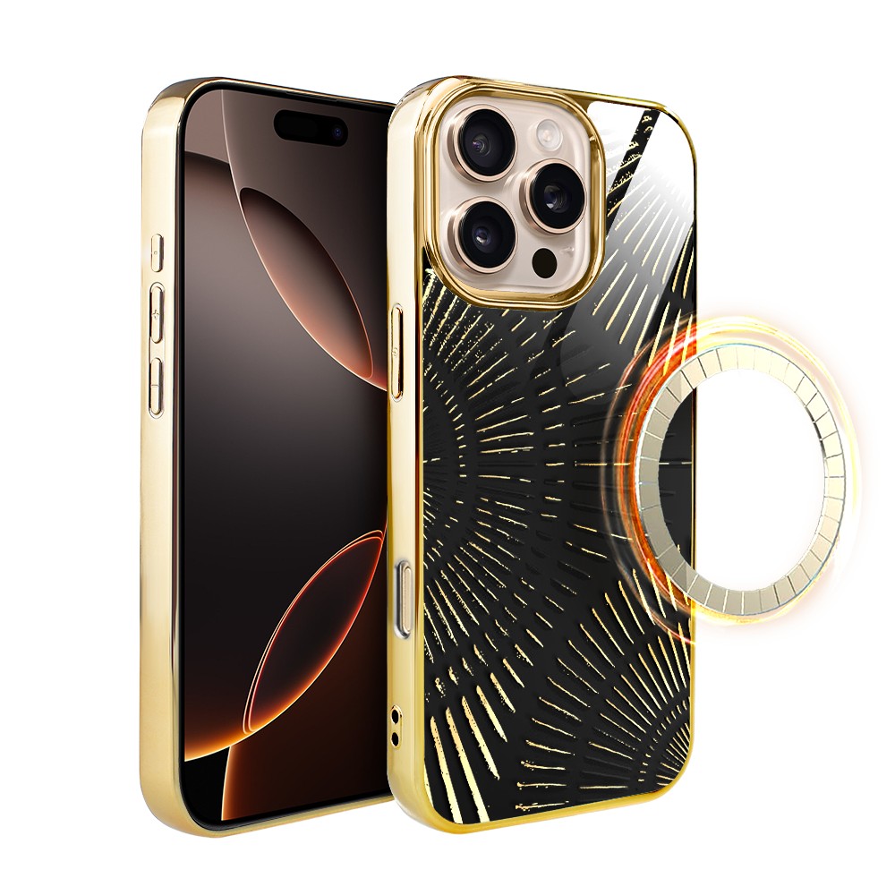 Etui do iPhone 16 Pro Max, Elite Glass z MagSafe, szklany tył, Mistyczne wzory, Boski promień czarne, złote