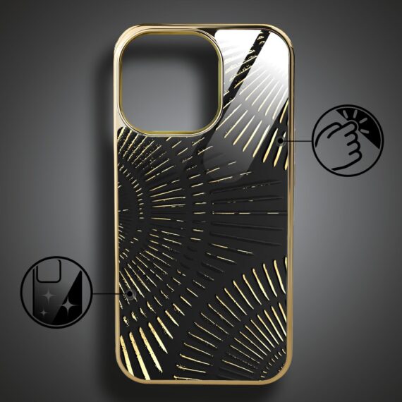 Etui do iPhone 16 Pro Max, Elite Glass z MagSafe, szklany tył, Mistyczne wzory, Boski promień czarne, złote (9)