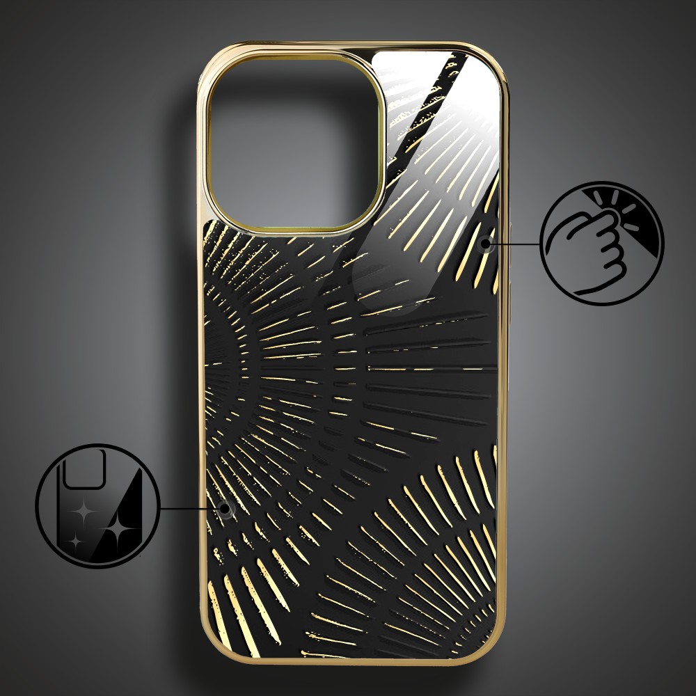 Etui do iPhone 16 Pro Max, Elite Glass z MagSafe, szklany tył, Mistyczne wzory, Boski promień czarne, złote (9)
