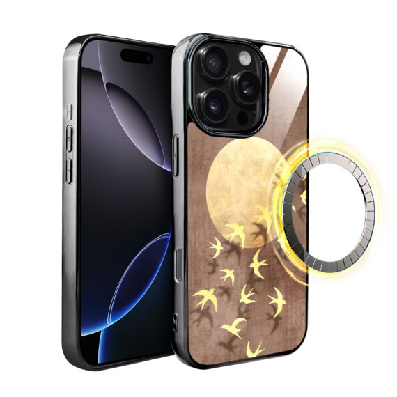 Etui do iPhone 16 Pro Max, Elite Glass z MagSafe, szklany tył, Zwierzęta, Taniec jaskółek, czarne (1)