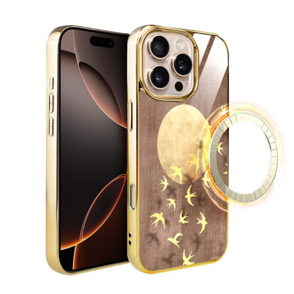 Etui do iPhone 16 Pro, Elite Glass z MagSafe, szklany tył, Zwierzęta, Taniec jaskółek, złote