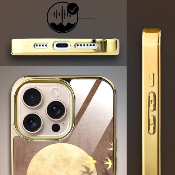 Etui do iPhone 16 Pro Max, Elite Glass z MagSafe, szklany tył, Zwierzęta, Taniec jaskółek, złote (8)