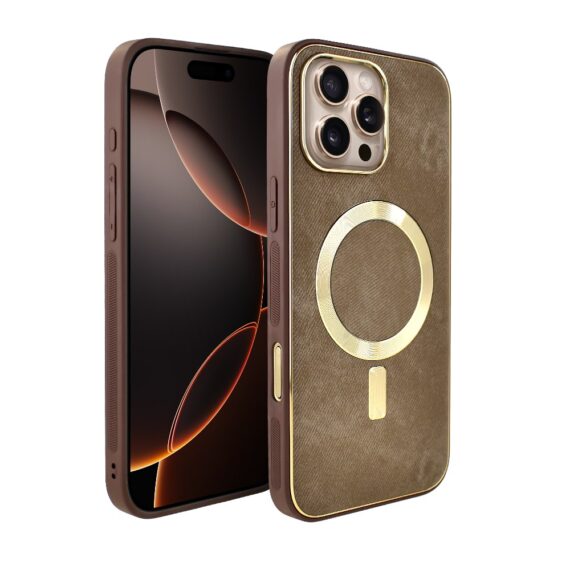 Etui do iPhone 16 Pro Woven Magsafe Luxury, tkanina ze złotymi zdobieniami, brązowe (5)