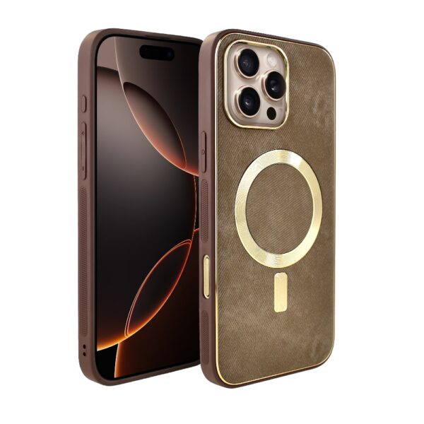 Etui do iPhone 16 Pro Woven MagSafe Luxury, tkanina ze złotymi zdobieniami, brązowe