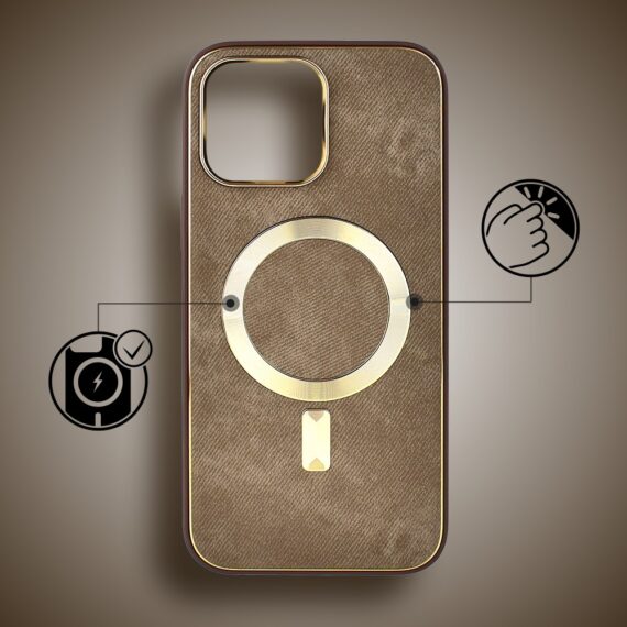 Etui do iPhone 16 Pro Woven Magsafe Luxury, tkanina ze złotymi zdobieniami, brązowe (6)
