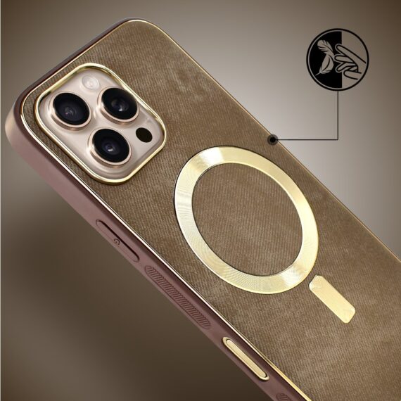 Etui do iPhone 16 Pro Woven Magsafe Luxury, tkanina ze złotymi zdobieniami, brązowe (8)