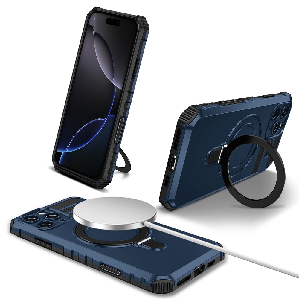 Etui do iPhone 16 Pro, pancerne, z osłoną aparatu i metalową podstawką MagSafe, granatowe (2)