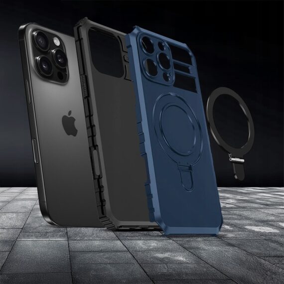Etui do iPhone 16 Pro, pancerne, z osłoną aparatu i metalową podstawką MagSafe, granatowe (3)