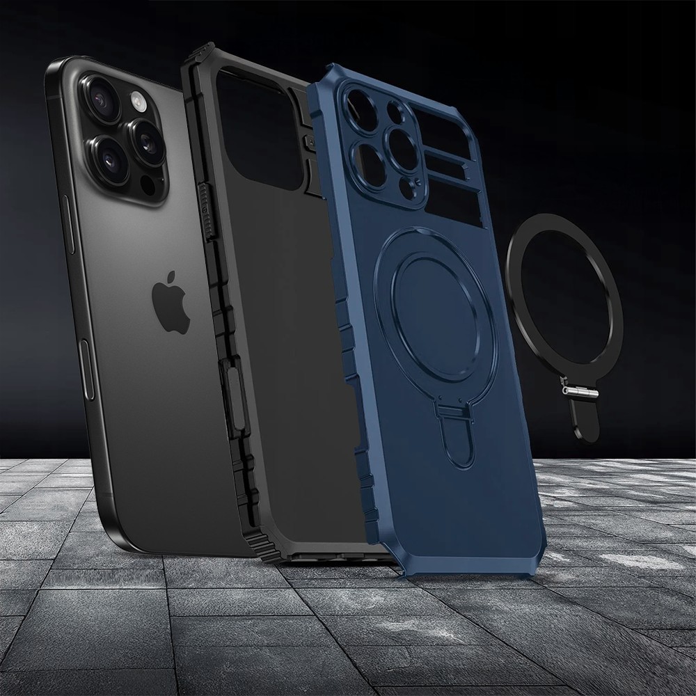 Etui do iPhone 16 Pro, pancerne, z osłoną aparatu i metalową podstawką MagSafe, granatowe (3)