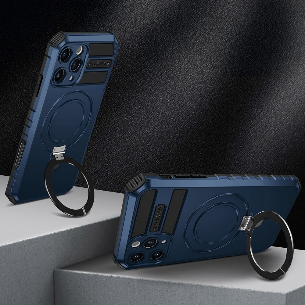 Etui do iPhone 16 Pro, pancerne, z osłoną aparatu i metalową podstawką MagSafe, granatowe (7)