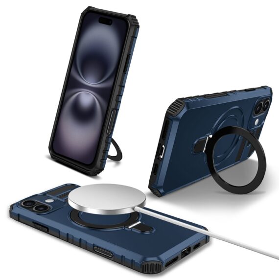 Etui do iPhone 16, pancerne, z osłoną aparatu i metalową podstawką MagSafe, granatowe (2)