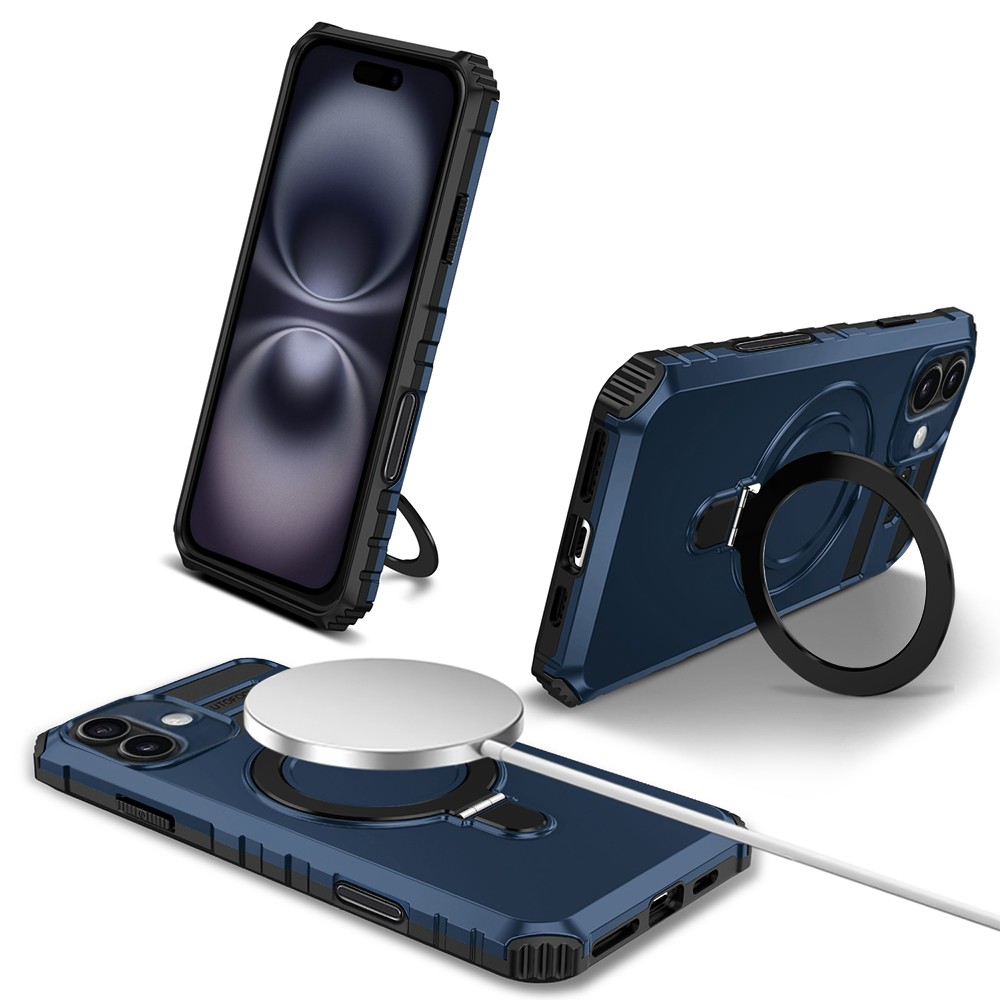 Etui do iPhone 16, pancerne, z osłoną aparatu i metalową podstawką MagSafe, granatowe (2)