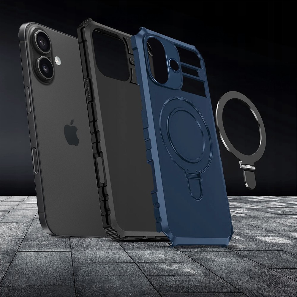 Etui do iPhone 16, pancerne, z osłoną aparatu i metalową podstawką MagSafe, granatowe (3)