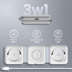 Ładowarka bezprzewodowa indukcyjna 3w1 MagSafe iPhone, Apple Watch, AirPods, składana, biała
