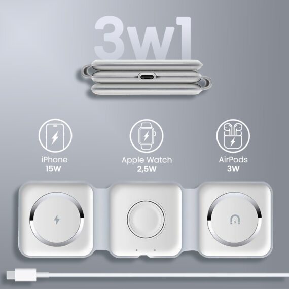 Ładowarka bezprzewodowa indukcyjna 3w1 MagSafe iPhone, Apple Watch, AirPods, składana, biała