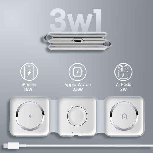 Ładowarka bezprzewodowa indukcyjna 3w1 MagSafe iPhone, Apple Watch, AirPods, składana, biała