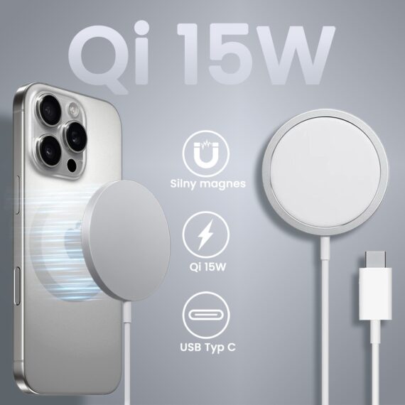 Ładowarka magnetyczna do MagSafe iPhone 16:15:14:13:12 (Mini:Plus:Pro:Pro Max) Qi 15W