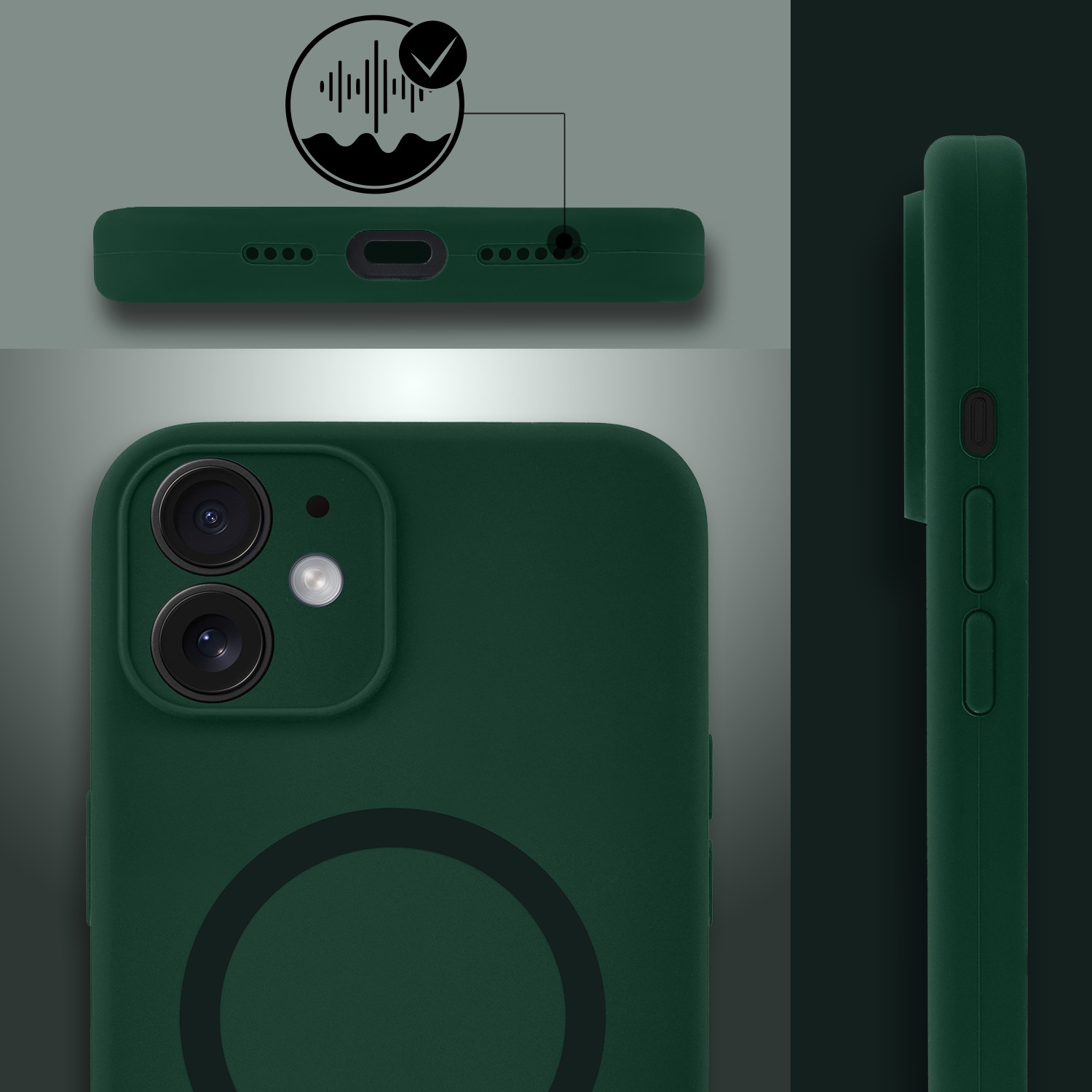 Etui do iPhone 11, silikonowe z MagSafe, mikrofibra soft touch z osłoną na aparat, butelkowo zielone (2)