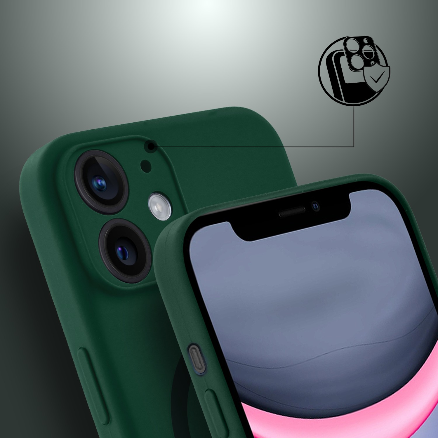 Etui do iPhone 11, silikonowe z MagSafe, mikrofibra soft touch z osłoną na aparat, butelkowo zielone (3)