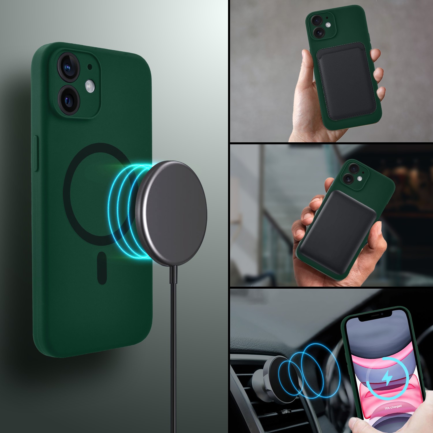 Etui do iPhone 11, silikonowe z MagSafe, mikrofibra soft touch z osłoną na aparat, butelkowo zielone (5)