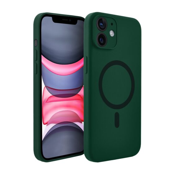 Etui do iPhone 11, silikonowe z MagSafe, mikrofibra soft touch z osłoną na aparat, butelkowo zielone (7)