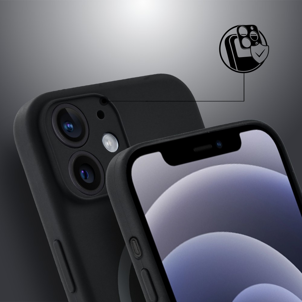 Etui do iPhone 12, silikonowe z MagSafe, mikrofibra soft touch z osłoną na aparat, czarne (3)