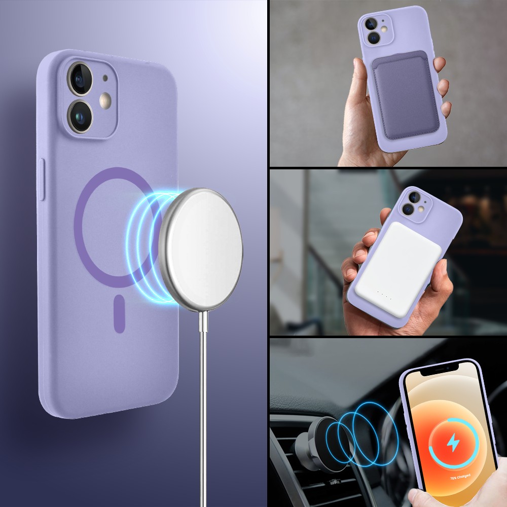Etui do iPhone 12, silikonowe z MagSafe, mikrofibra soft touch z osłoną na aparat, fioletowe liliowe (5)