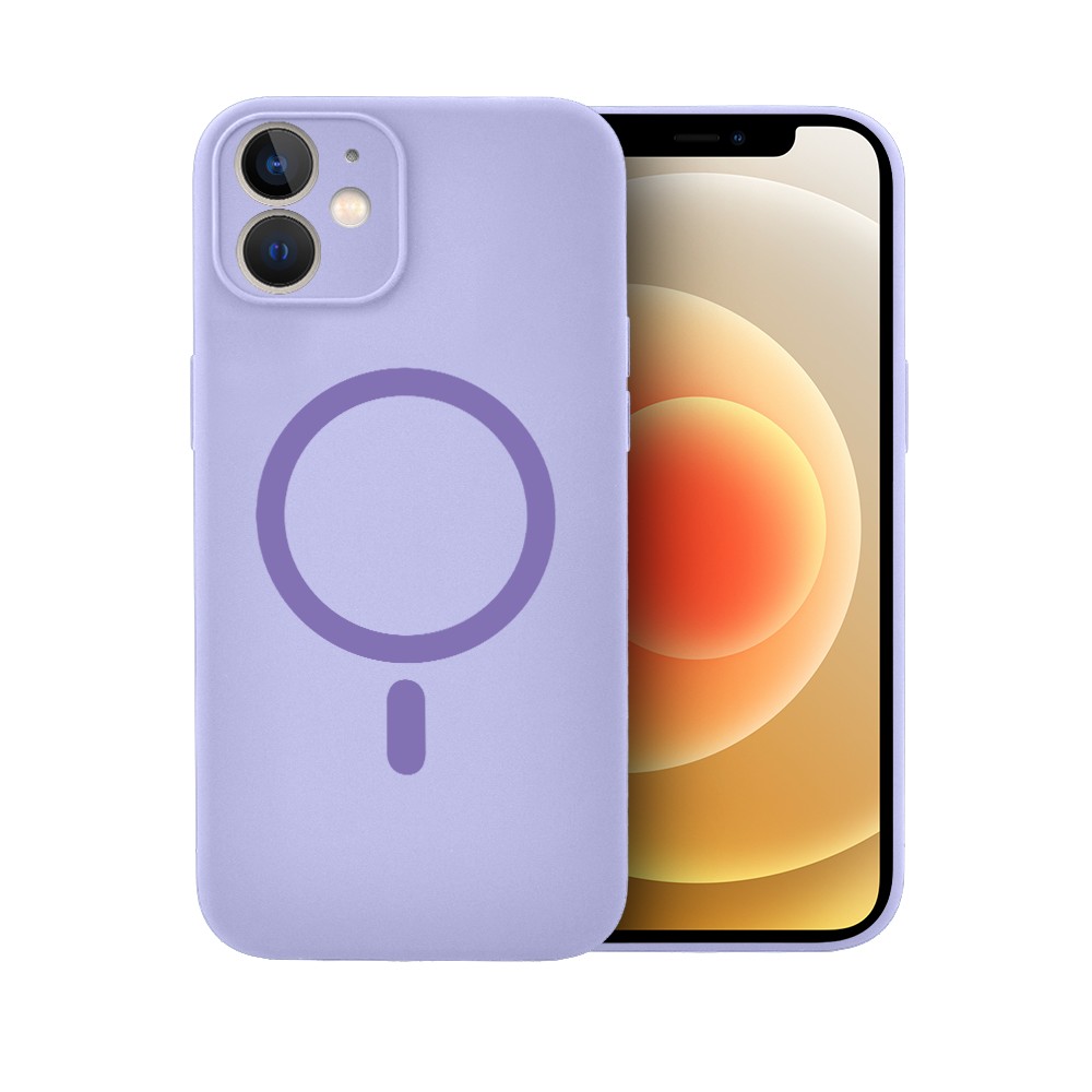 Etui do iPhone 12, silikonowe z MagSafe, mikrofibra soft touch z osłoną na aparat, fioletowe liliowe