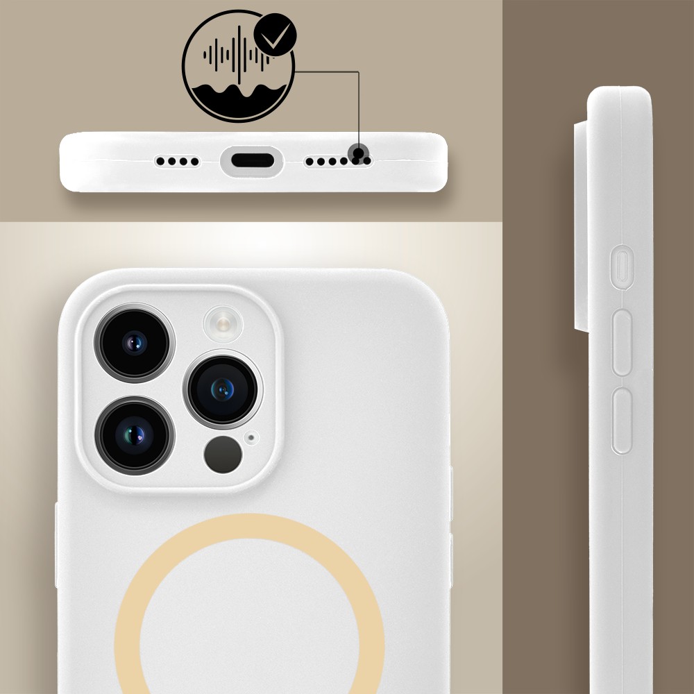 Etui do iPhone 14 Pro, silikonowe z żółtym MagSafe, mikrofibra soft touch z osłoną na aparat, białe (2)