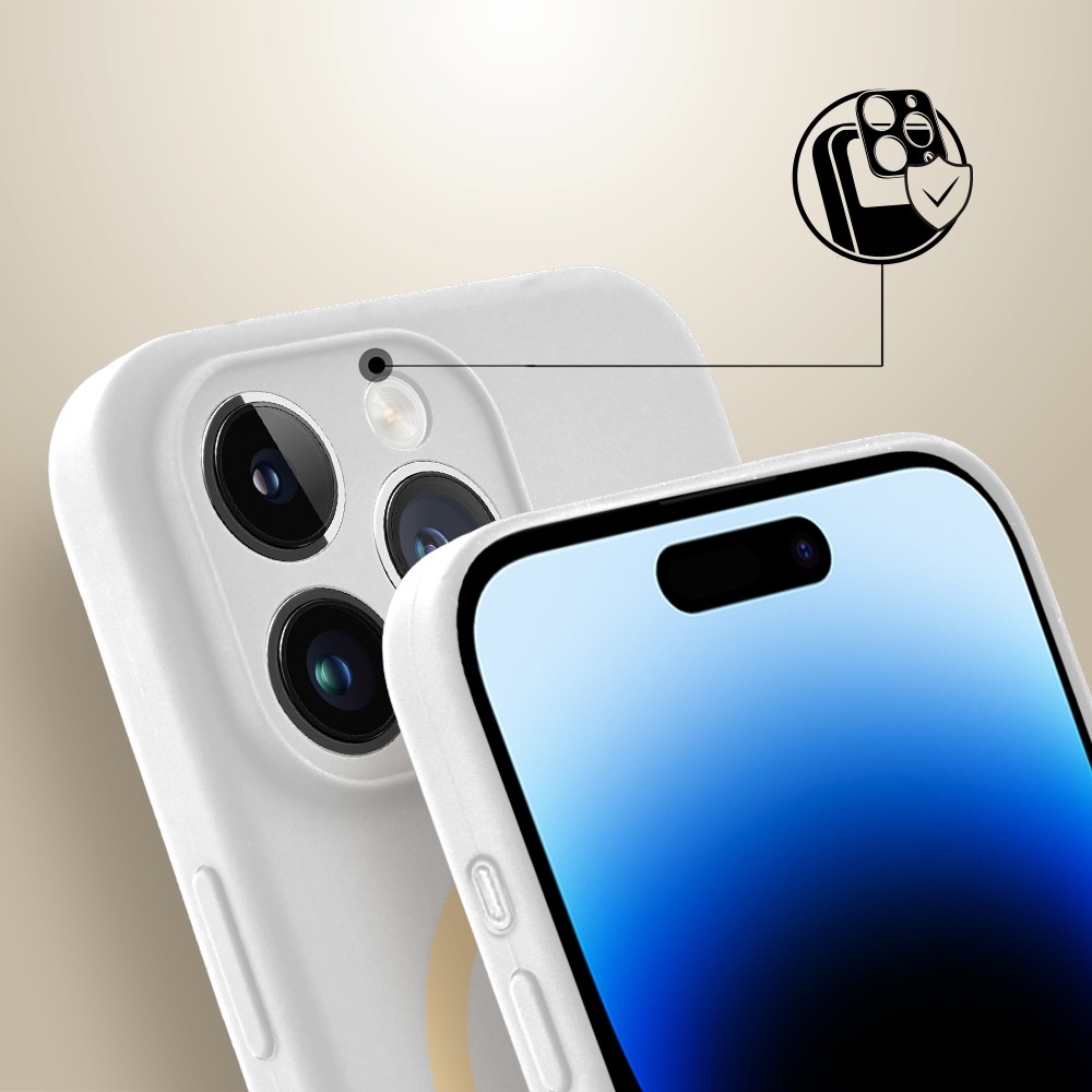 Etui do iPhone 14 Pro, silikonowe z żółtym MagSafe, mikrofibra soft touch z osłoną na aparat, białe (3)