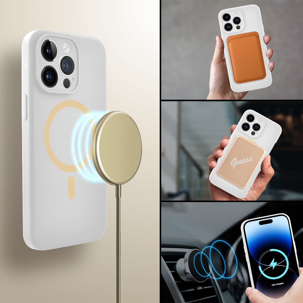 Etui do iPhone 14 Pro, silikonowe z żółtym MagSafe, mikrofibra soft touch z osłoną na aparat, białe (5)