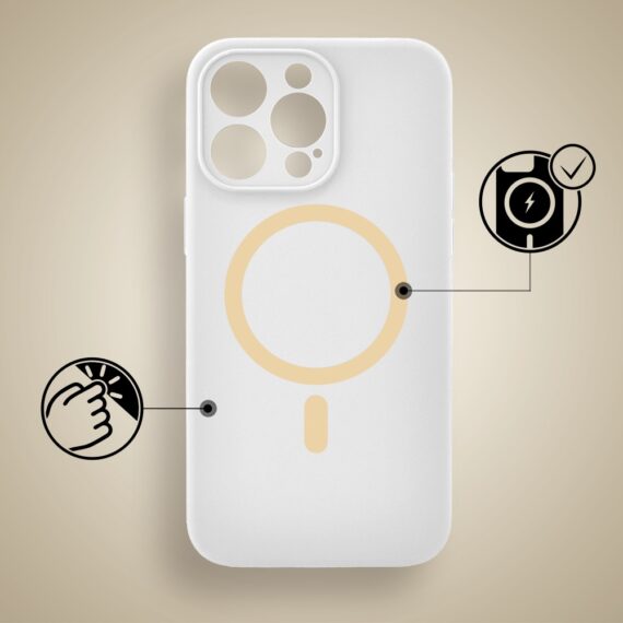 Etui do iPhone 14 Pro, silikonowe z żółtym MagSafe, mikrofibra soft touch z osłoną na aparat, białe (6)