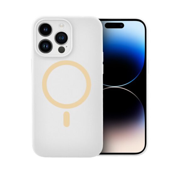 Etui do iPhone 14 Pro, silikonowe z żółtym MagSafe, mikrofibra soft touch z osłoną na aparat, białe (8)