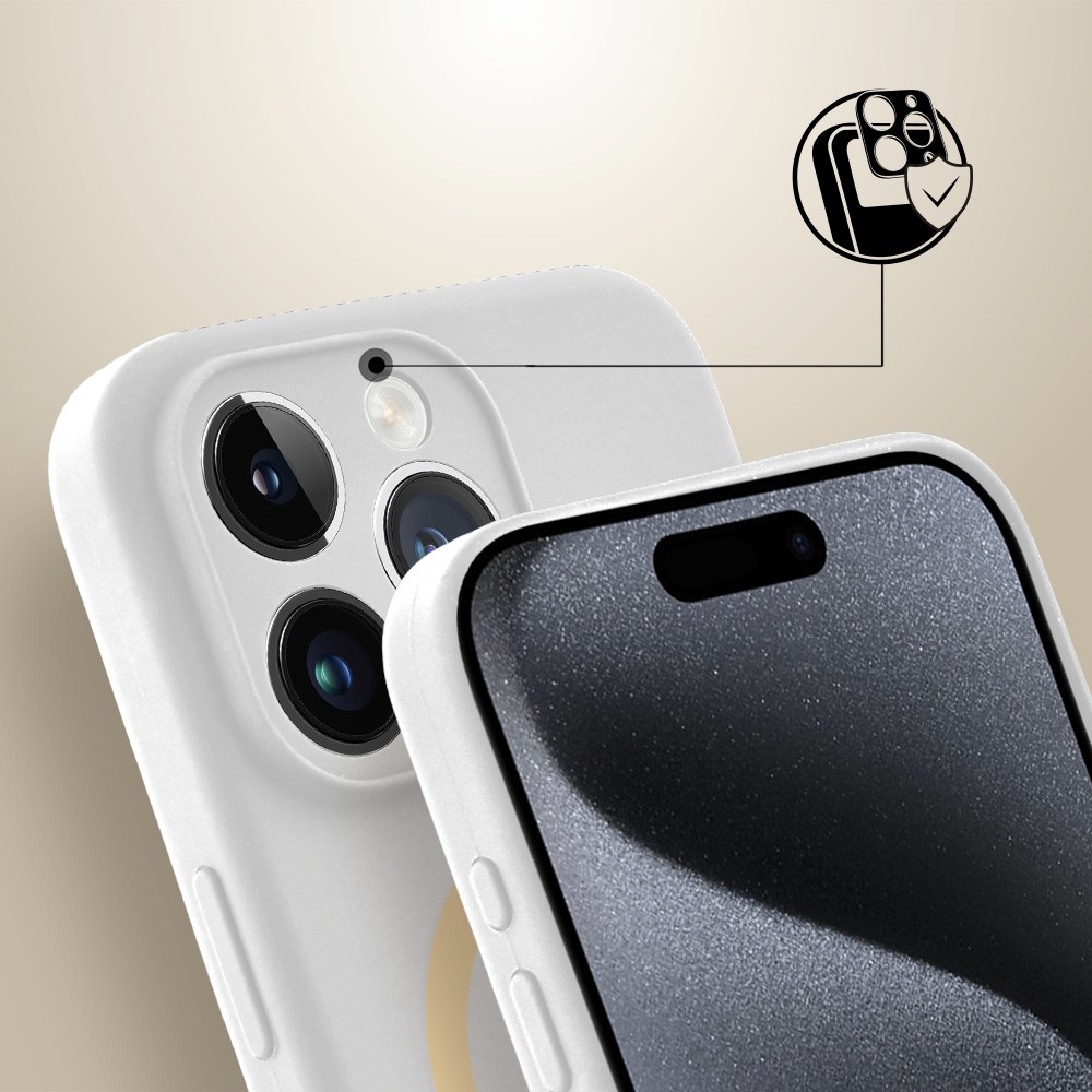 Etui do iPhone 15 Pro, silikonowe z żółtym MagSafe, mikrofibra soft touch z osłoną na aparat, białe (3)