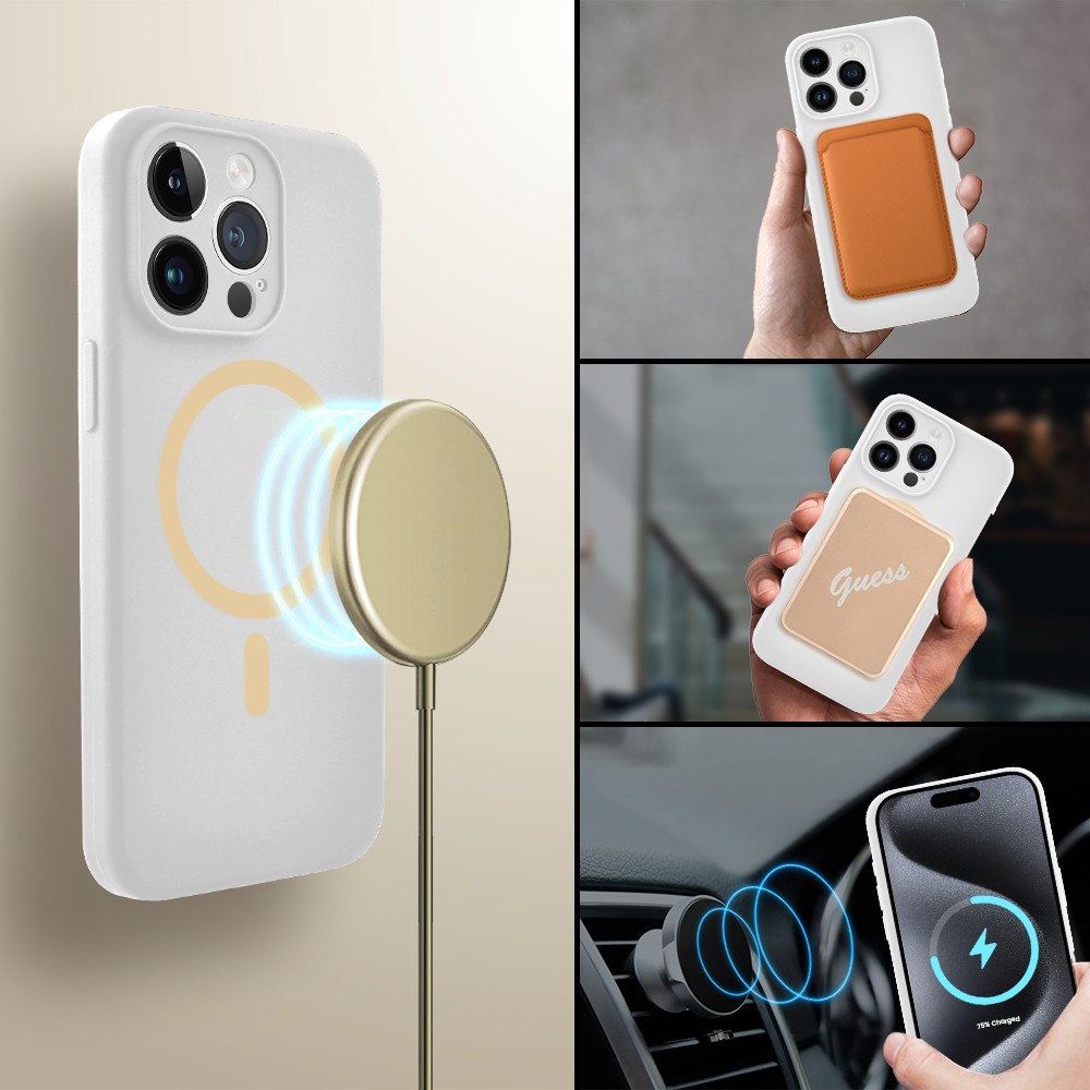 Etui do iPhone 15 Pro, silikonowe z żółtym MagSafe, mikrofibra soft touch z osłoną na aparat, białe (5)