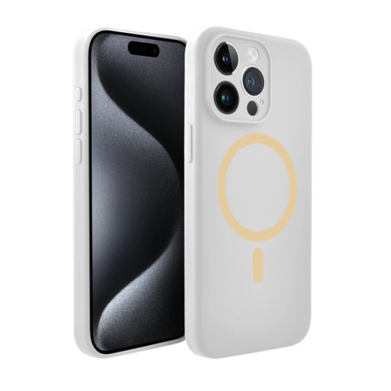Etui do iPhone 15 Pro, silikonowe z żółtym MagSafe, mikrofibra soft touch z osłoną na aparat, białe (7)