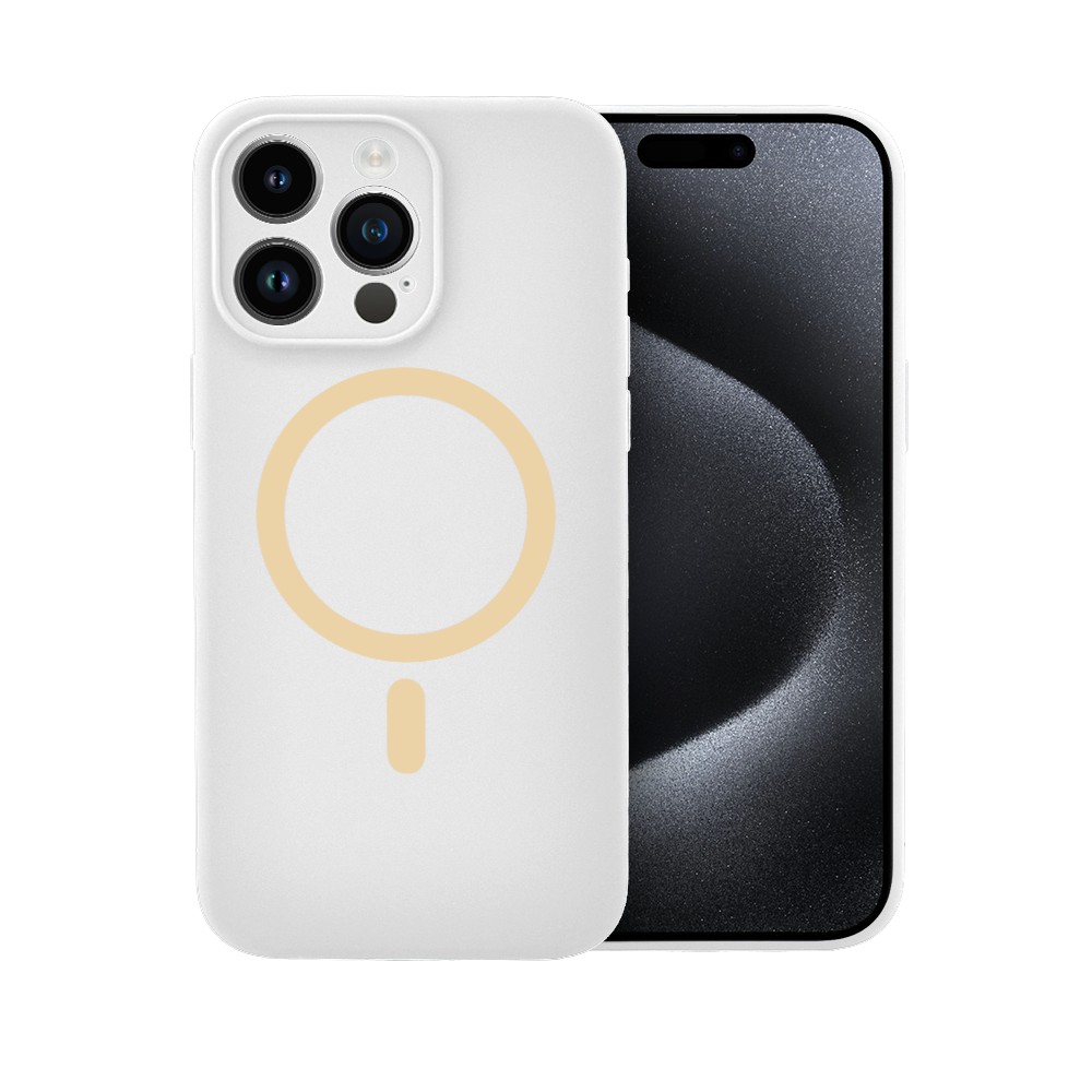 Etui do iPhone 15 Pro, silikonowe z żółtym MagSafe, mikrofibra soft touch z osłoną na aparat, białe