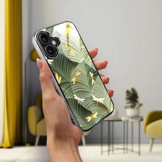 Etui do iPhone 16, Elite Glass z MagSafe, szklany tył, Kwiaty, Taniec ważek, czarne (2)
