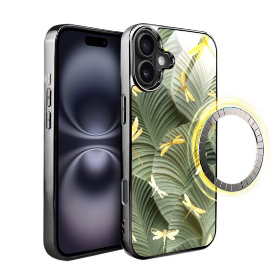 Etui do iPhone 16, Elite Glass z MagSafe, szklany tył, Kwiaty, Taniec ważek, czarne (6)