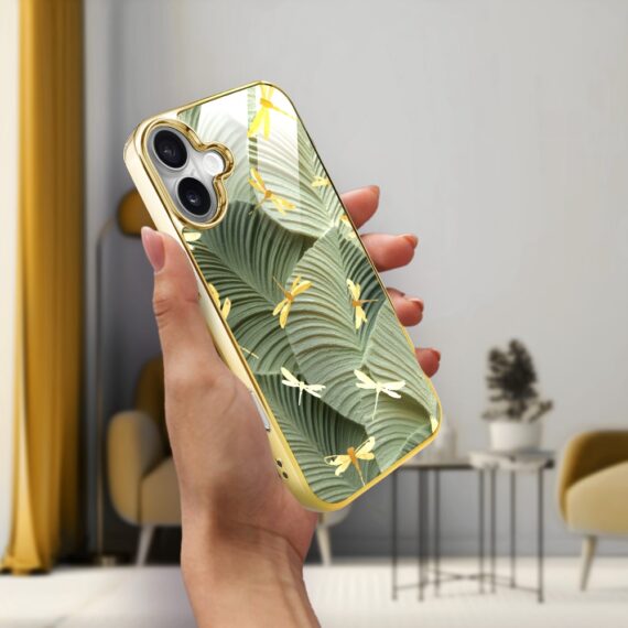 Etui do iPhone 16, Elite Glass z MagSafe, szklany tył, Kwiaty, Taniec ważek, złote (1)