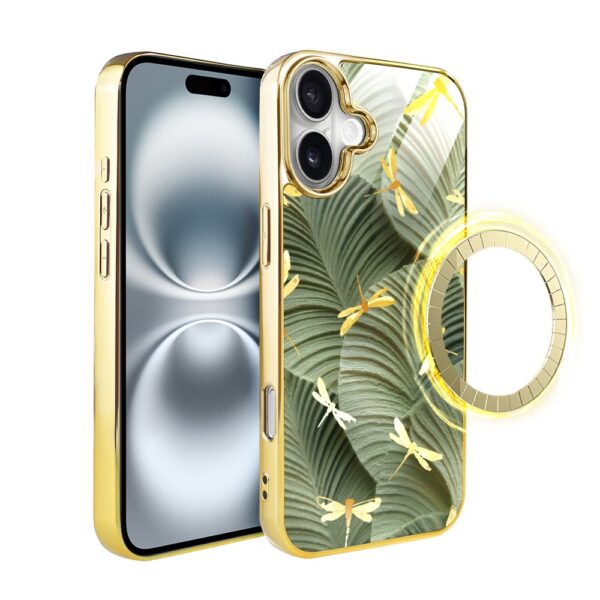 Etui do iPhone 16 Plus, Elite Glass z MagSafe, szklany tył, Kwiaty, Taniec ważek, złote