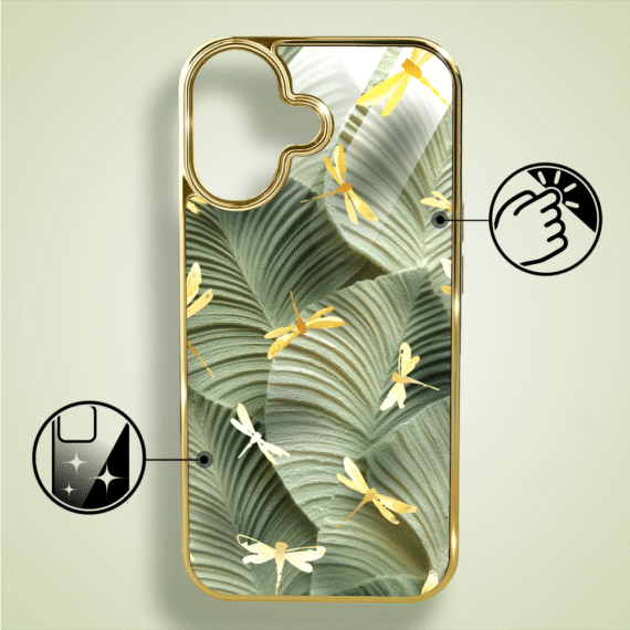 Etui do iPhone 16, Elite Glass z MagSafe, szklany tył, Kwiaty, Taniec ważek, złote (6)