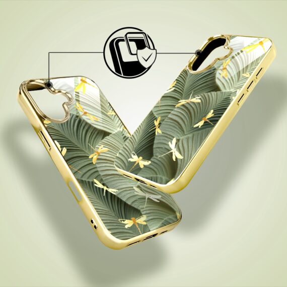 Etui do iPhone 16, Elite Glass z MagSafe, szklany tył, Kwiaty, Taniec ważek, złote (8)
