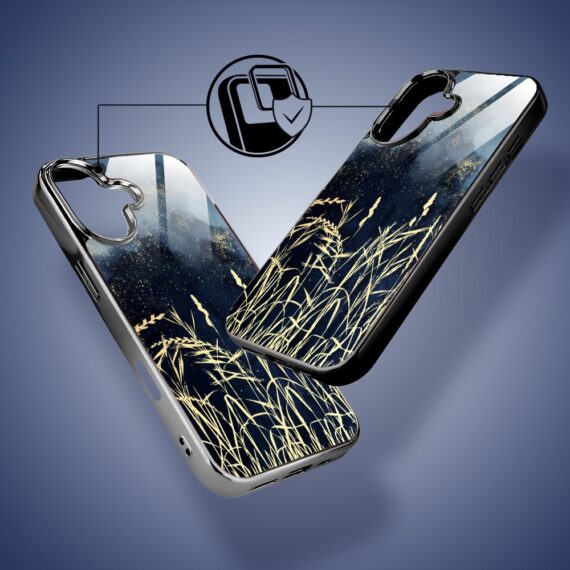 Etui do iPhone 16, Elite Glass z MagSafe, szklany tył, Kwiaty, Złote Trawy o Zmierzchu, czarne (2)